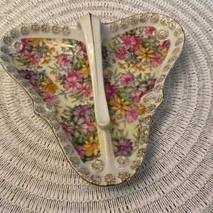Vintage Tilso Japan 2 part Candy‎ Dish Hand Painted With Handle beautiful floral